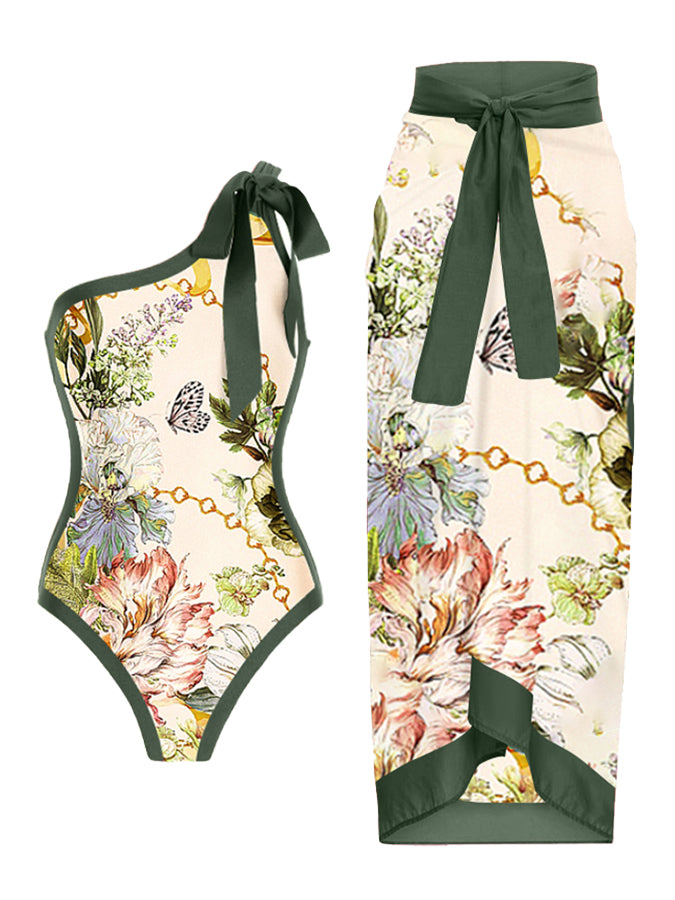 One Shoulder Print One Piece Swimsuit and Skirt