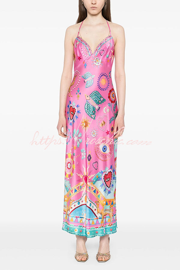 Effortless Satin Unique Print Back Chain Detail Slip Maxi Dress