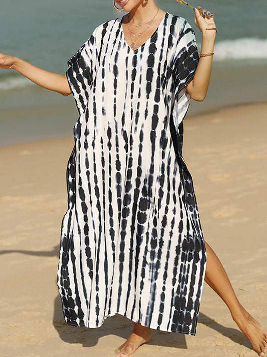 Loose Short Sleeves Printed Split-side Sun Protection V-neck Maxi Dresses