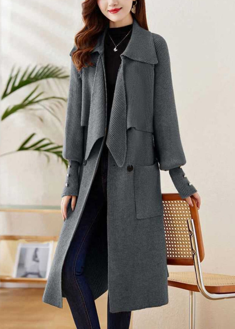 Grey Peter Pan Collar Tie Waist Knit Coats Winter Wd028