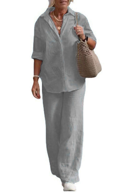 Color Long-sleeved Shirt and Elastic Waisted Loose Wide-leg Pants Set