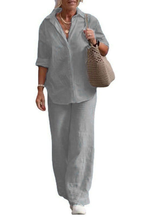 Color Long-sleeved Shirt and Elastic Waisted Loose Wide-leg Pants Set