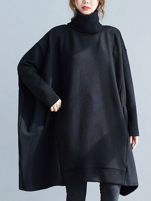 Loose Black Heaps Collar Pockets A-line Long Sleeve Sweater An1065