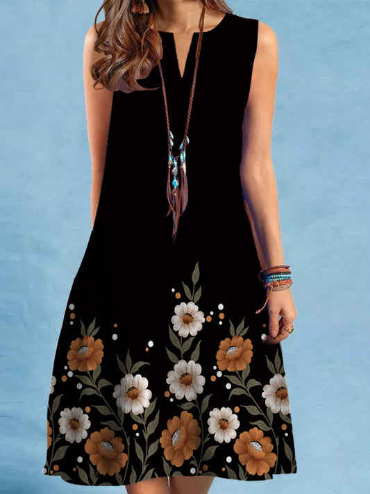 Loose Flower Print V-neck Mini Dresses