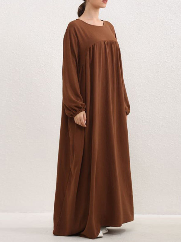 Long Sleeves Loose Pleated Color Split-joint Round-neck Maxi Dresses