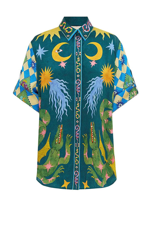 Beachy Linen Blend Unique Print Button Down Oversized Blouse