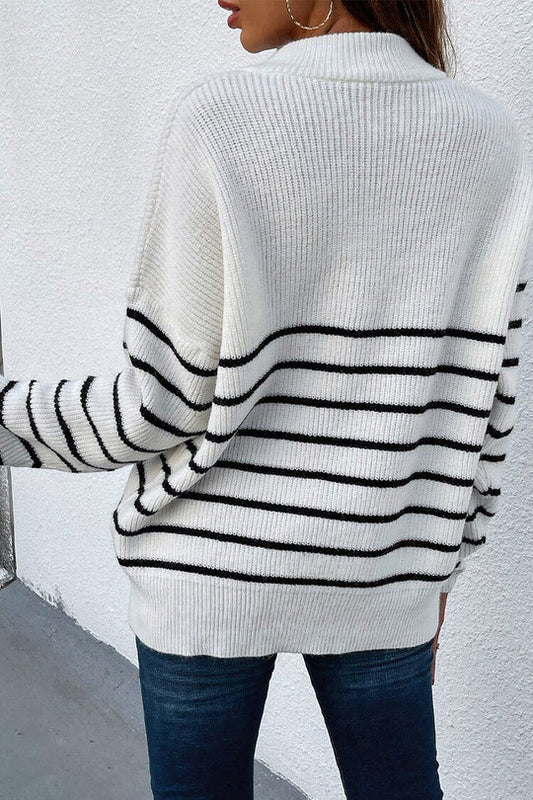 ��s Crew Neck Button Raglan Sleeves Striped Sweater