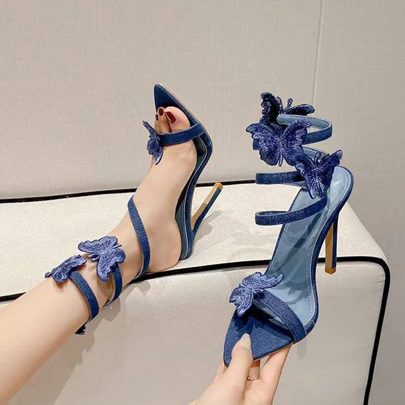 Liyke Blue Butterfly Ankle Strap Sandals: Embroidery, Pointed Toe, Gladiator Heels for ’s Summer Party Dress Shoes
