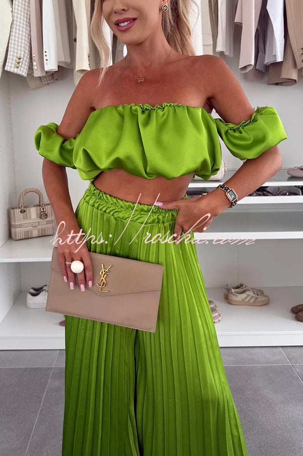 Jorie Satin Off Shoulder Puff Sleeve Crop Top and Elastic Waist Pleated Wide Leg Pants Set