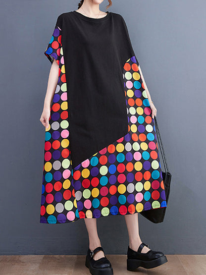Loose Short Sleeves Multi-colored Polka-dot Split-joint Round-neck Midi Dresses