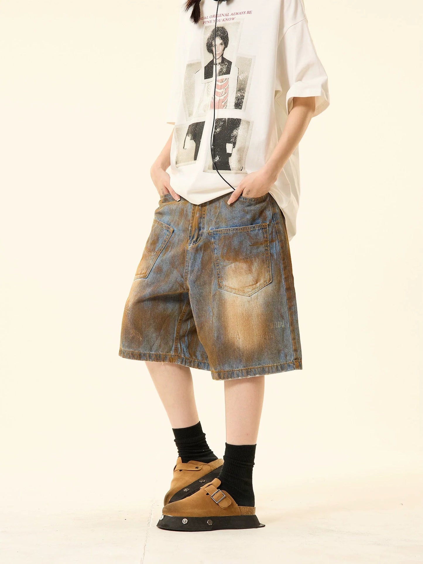 Distressed Denim Oversized Pocket Shorts