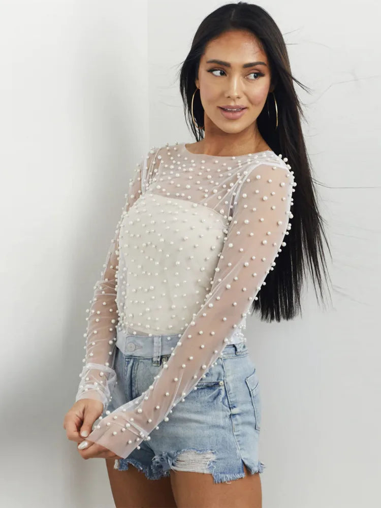 Pearl Mesh See Through T-shirt Long Sleeve Pullover Blouse Summer U Neck Tee Shirt Tops