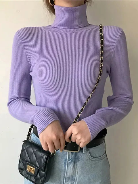 New Pullover Turtleneck Sweater Autumn Long Sleeve Slim Elastic Korean Simple Basic Jumper Color Top