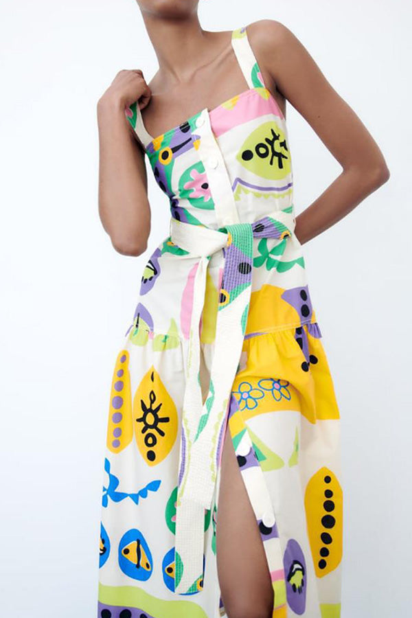 Button-breasted Belted Wide Strap Maxi Dress