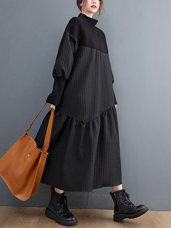 Long Sleeves Loose Split-joint Jacquard High-neck Sweater Dresses