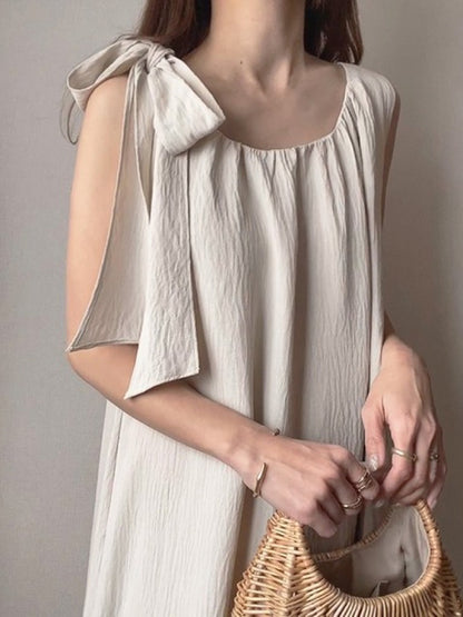 High Waisted Loose Pleated Color Tied Round-neck Maxi Dresses