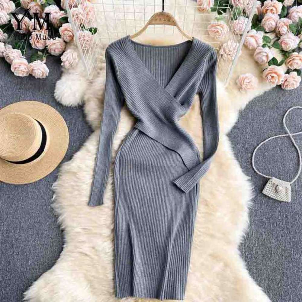 Pink V-neck Cross Slim Waist Long Sleeve Knit Sweater Dress Ar1018