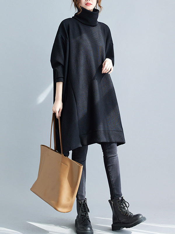 Loose Black Heaps Collar Pockets A-line Long Sleeve Sweater An1065