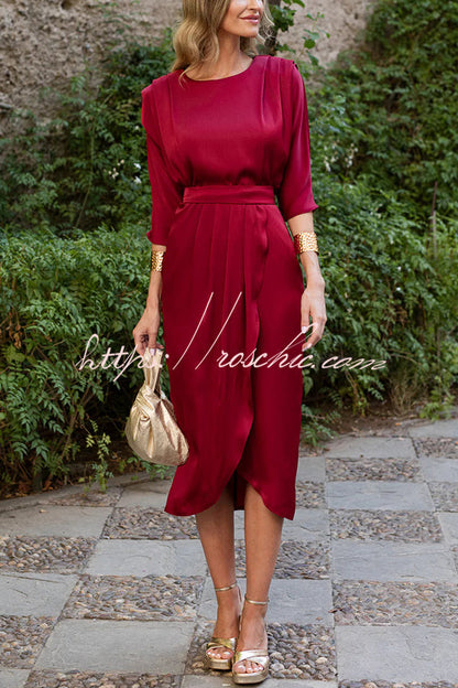Satin Color Round Neck Half Sleeve Waist Midi Dress