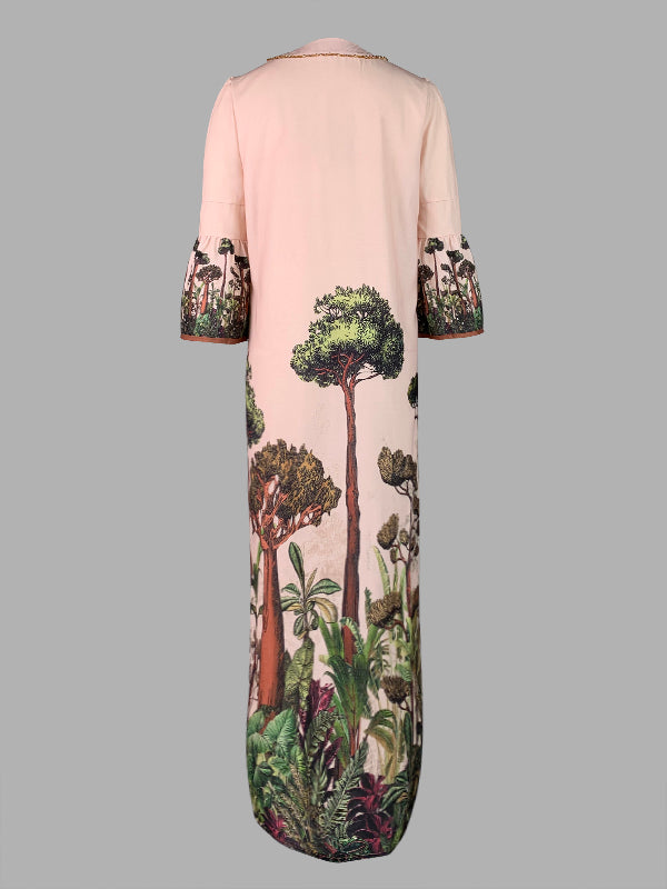 Flared Sleeves Loose Leaves Print V-neck Maxi Dresses