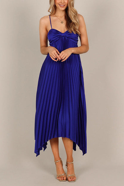Color Suspender Pleated Irregular Midi Dress