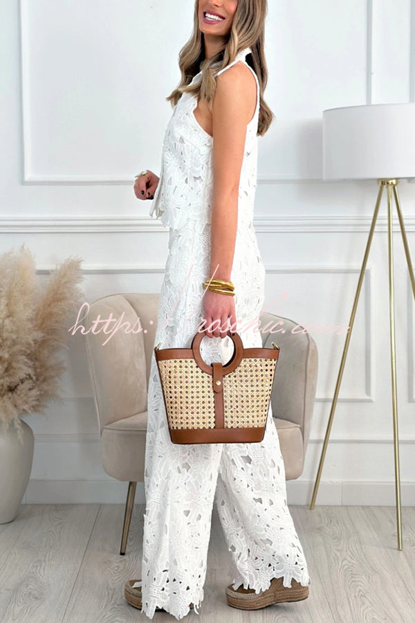 Delighted Embroidery Hollow Lace Shirt-neck Vest and Wide Leg Pants Set
