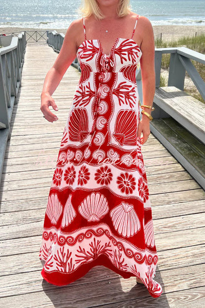 Shell Unique Print Front Lace-up Loose Maxi Dress