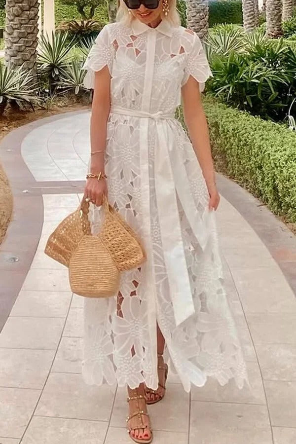 Dubai Style Crochet Lace Short Sleeve Tie-up Shirt Maxi Dress