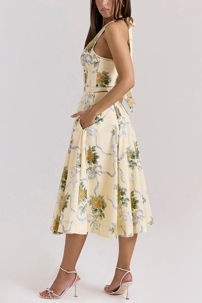 Resort Star Print Waist Halterneck Tie Pocket Midi Dress