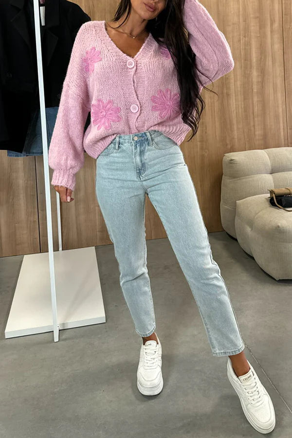 Embroidered V-neck Long-sleeved Button-knit Cardigan