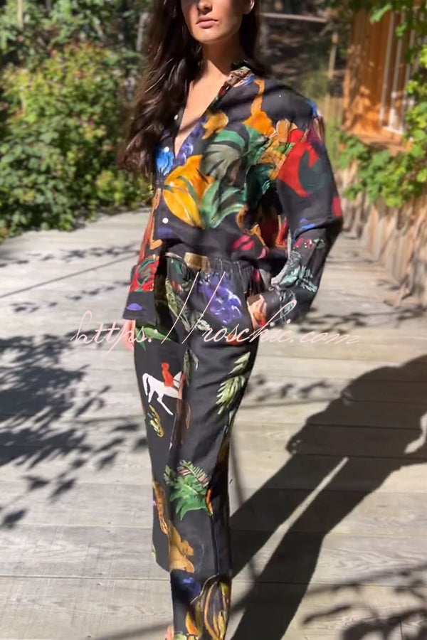 Unique Print Lapel Long Sleeve Loose Shirt and Elastic Waist Pocket Wide Leg Pants Set