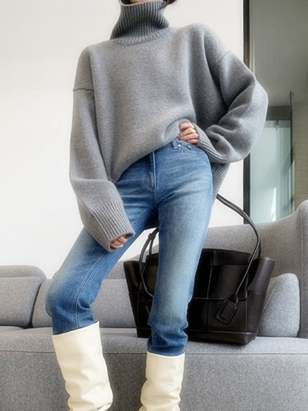Grey High-neck Long Sleeve Sweater Qx016