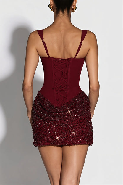 Hip Wrapped Sequin Spliced Mini Dress