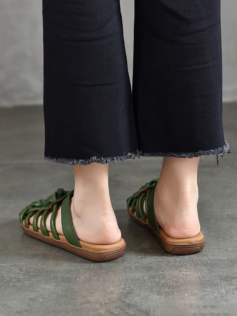 Summer Leather Spliced Flat Slippers Ui1025