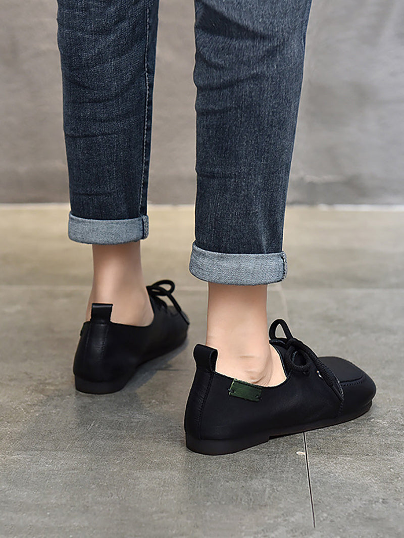 Summer Retro Leather Square Toe Flat Shoes Cx041