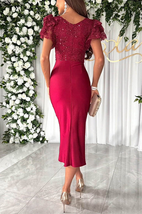 V Neck Flare Sleeves Slit Bodycon Sequin Midi Dress