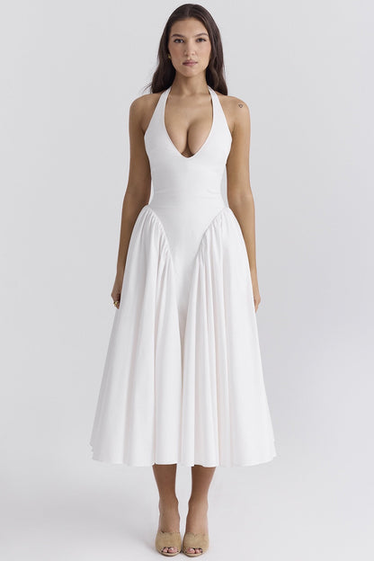 White Cotton Halter Midi Sundress