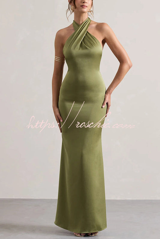 Color Halter Neck Tie Backless Slim Maxi Dress