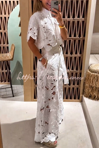 Redefining Elegance Lace Cropped Shirt and Belt Pocketed Wide Leg Pants Set