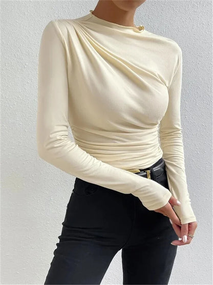 Pleated T-shirt for Patchwork Long Sleeve High Waist Inner Ruffled Crop Top Y2k Top Tee