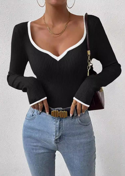 Classic Ribbed Knit V-neck Sweater With Contrast Trim