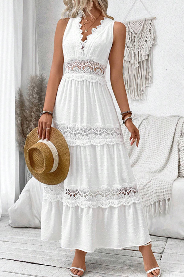 Color Hollow Lace Splicing V-neck Sleeveless Maxi Dress