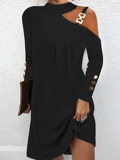 Long Sleeves Loose Asymmetric Buckle Buttoned Hollow One-shoulder Mini Dresses
