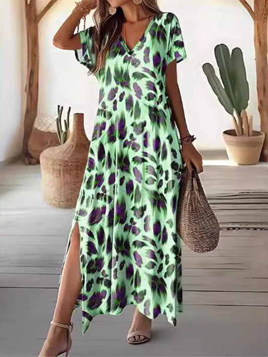 Loose Short Sleeves Printed Split-side V-neck Maxi Dresses