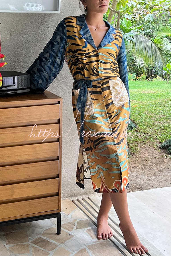 Tropical Jungle Tiger Unique Print Long Sleeve Belt Pocketed Kimono Coat