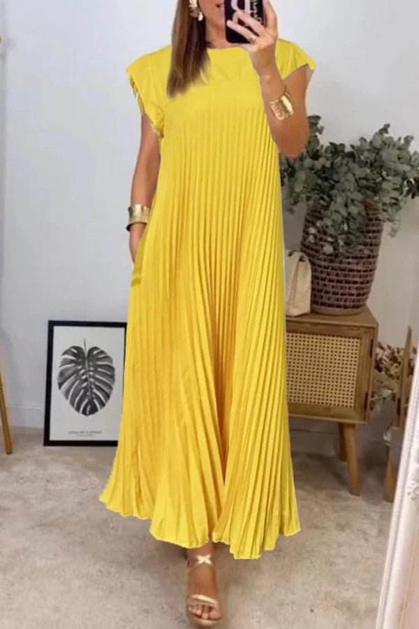 Color Round Neck Sleeveless Pleated Large Hem Maxi Dress