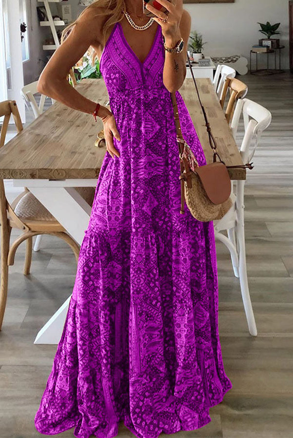 Celeste Printed Strap Elastic Waist Maxi Dresses