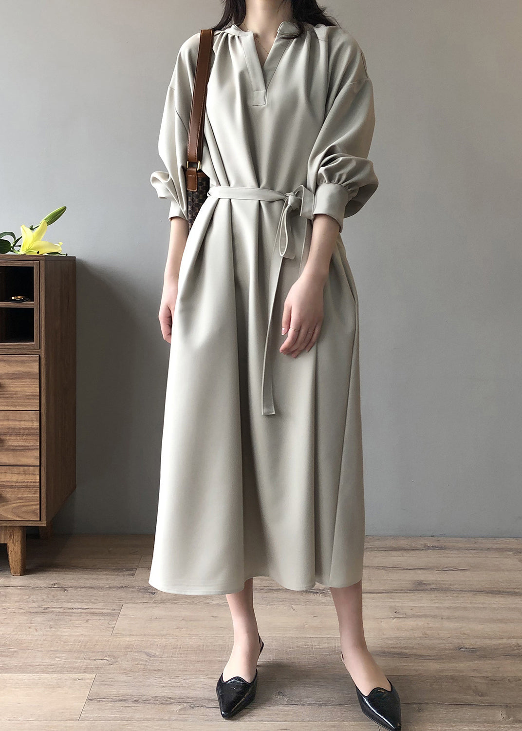 Apricot V Neck Tie Waist Cotton Long Dress Fall Af1069