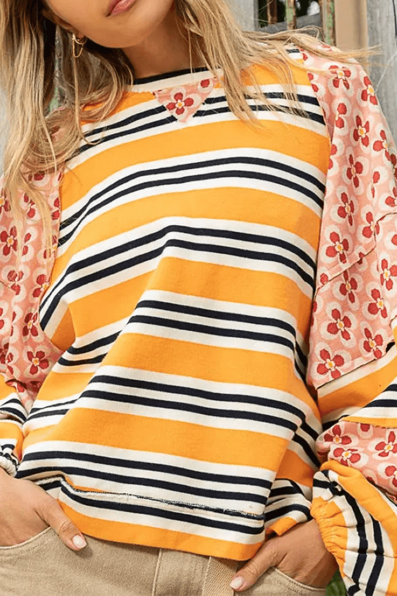 Striped Print Flowers Contrast O Neck Hoodies