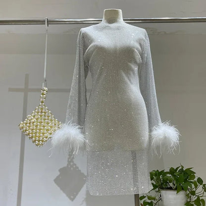 Weave Shiny Rhinestone Mini Dress See Through Cover-up Dresses Loose Club Dress